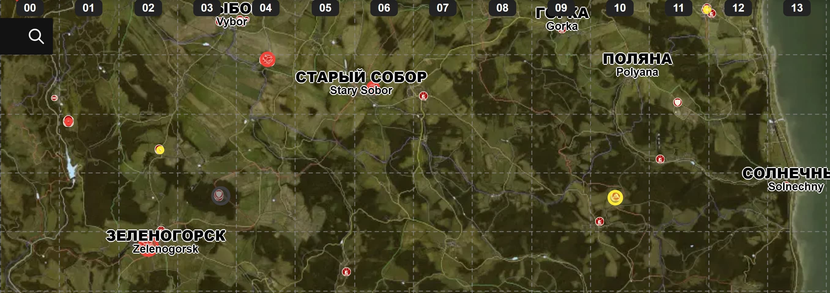DayZ map - central region showing military zones around Stary Sobor and Zelenogorsk