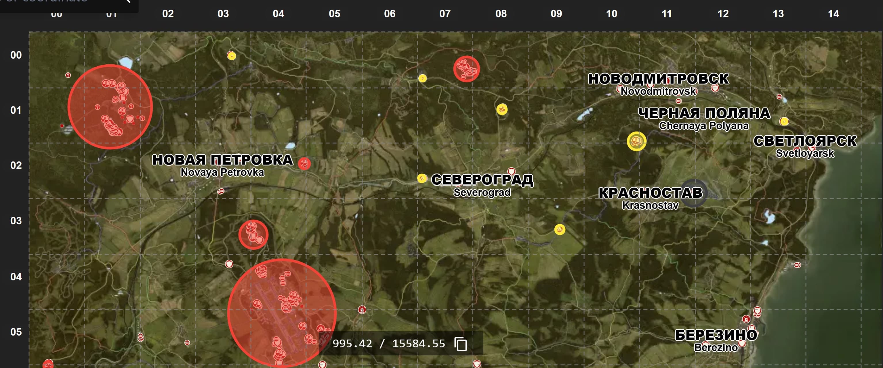 DayZ map - northern region showing military zones around Tisy and NWAF with 500m exclusion zones