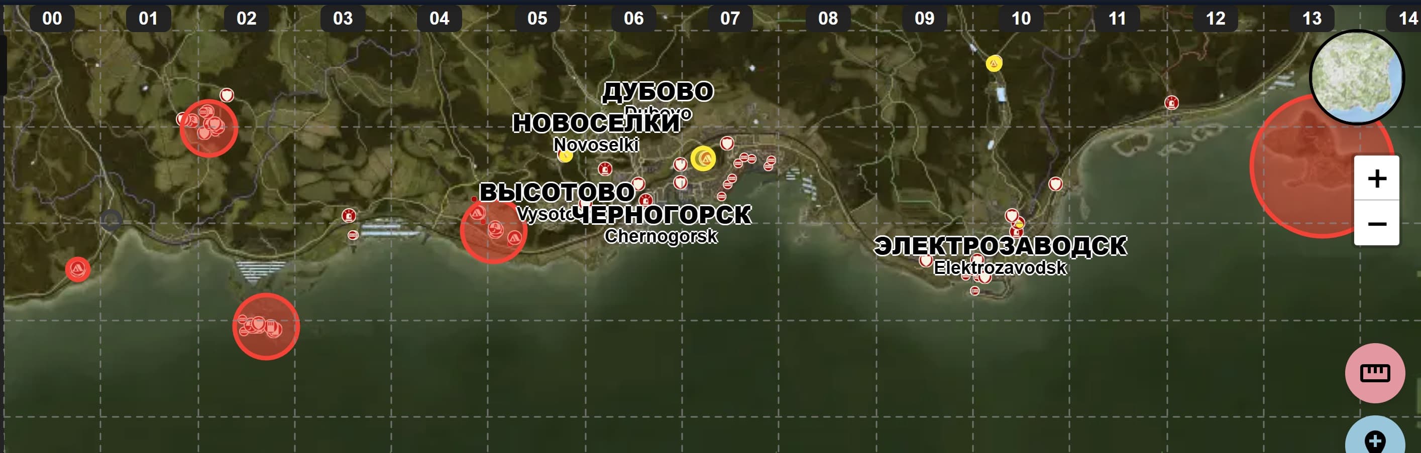 DayZ map - southern coast showing military zones around Chernogorsk, Elektrozavodsk, and Balota